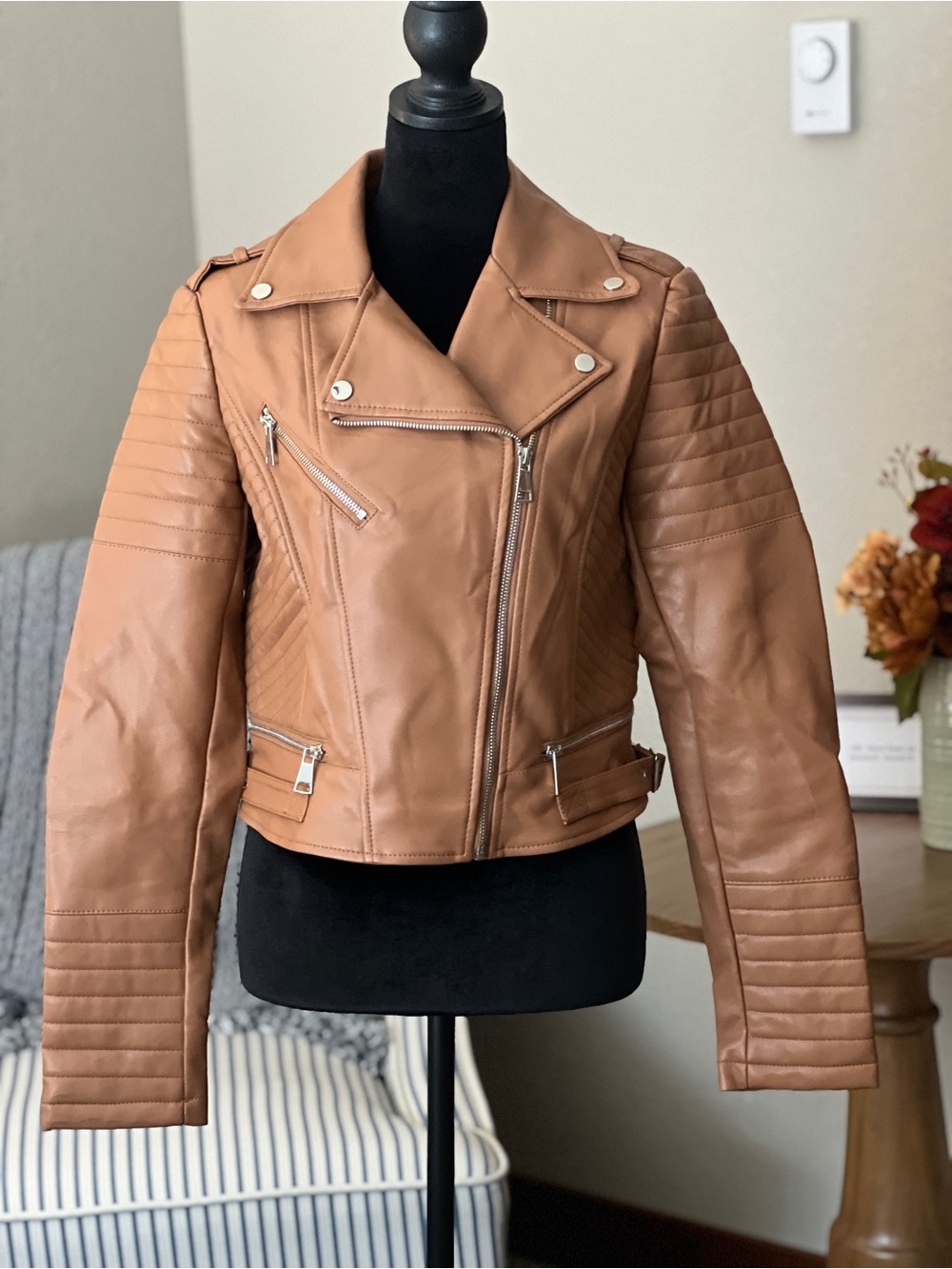 Azalea Wang Women's Cognac Faux Leather Moto Jacket with Quilted Detailing